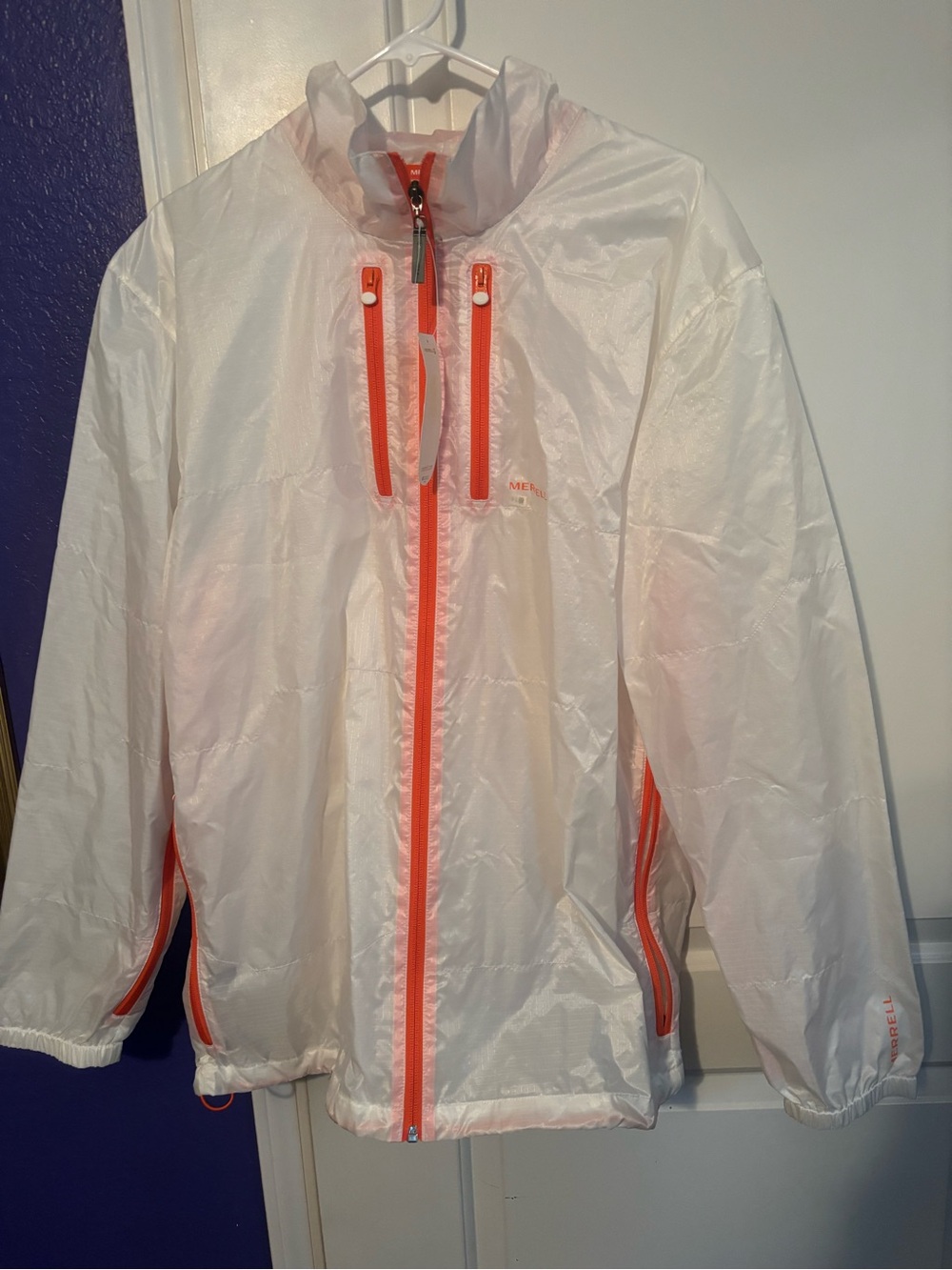 White Windbreaker Jacket with Neon Coral Zippers